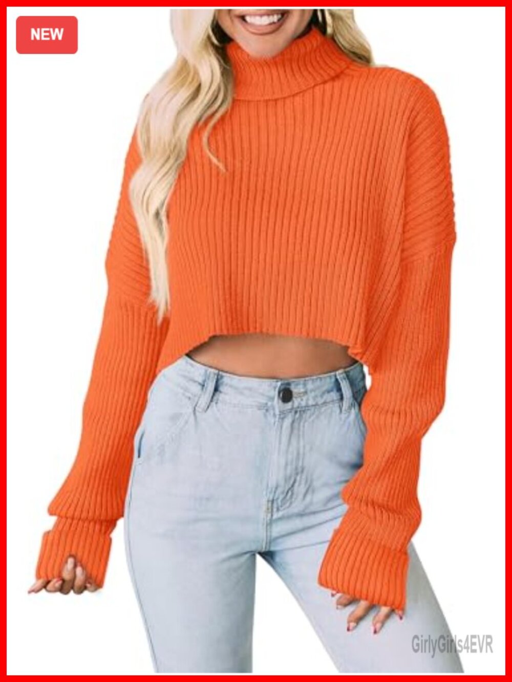 Women's Cropped Turtleneck Sweater Long Sleeve Ribbed Knit Pullover